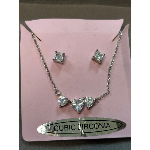 Elegant Cubic Zirconia Jewelry Set With Necklace Earrings Bracelet & Ring In Sil - Picture 2 of 9
